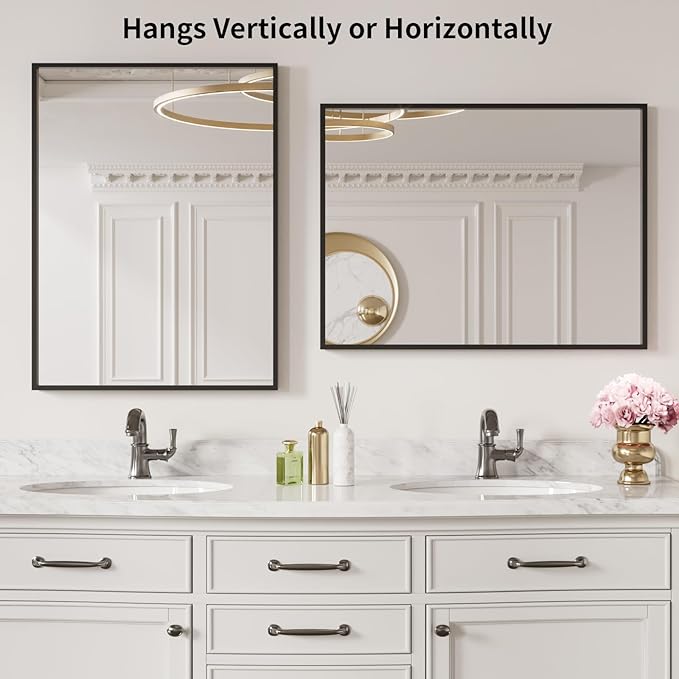 LOAAO 24"X32" Black Rectangle Bathroom Mirror Wall, Matte Black Aluminum Alloy