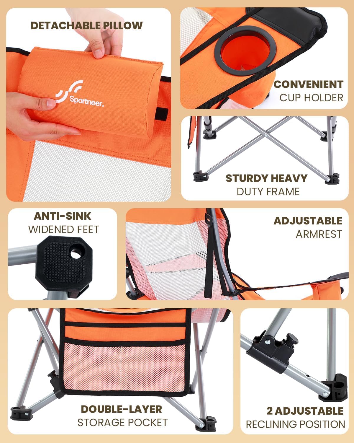 Sportneer Portable Beach Chair - Reclining Position with Cup Holder & Side Pocket | Compact Folding Design for Camping & Festivals