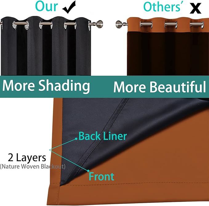 Yakamok Orange 100% Blackout Curtains, Total Blackout Lined Curtain Panels