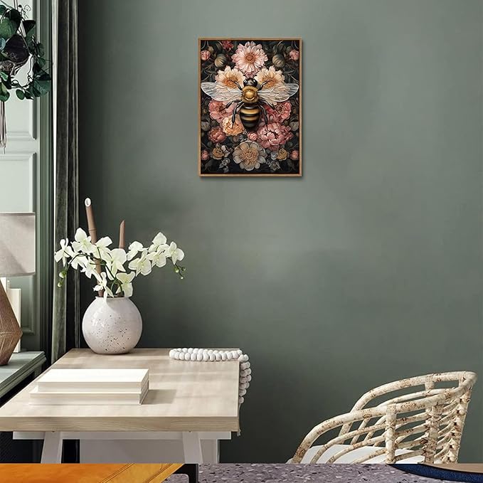 Djmwtb Vintage Framed Wall Art Floral Bee Canvas Wall Art Prints Botanical Flower Painting Cottagecore Pictures Wall Decor Artwork for Living Room Bedroom Bathroom Office 8x10in