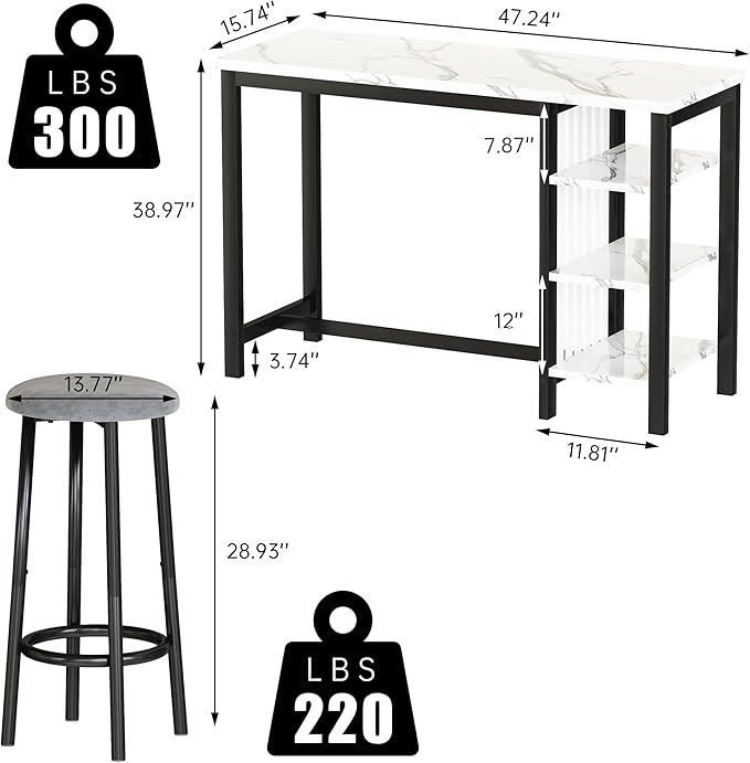 AWQM Bar Table Set with Storage Shelves, 47" Modern White Faux Marble Breakfast Table with 2 Velvet Stools, 3-Piece Dining Set for 2, Space Saving Table for Kitchen/Dining Room/Living Room/Studio