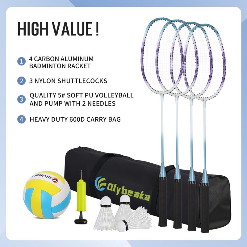 Olybeaka Outdoor Volleyball & Badminton Combo Net Set for Backyard, Beach with 2 Nets, Adjustable Poles, 4 Aluminum Rackets, PU Volleyball, Portable Carry Bag (Black)