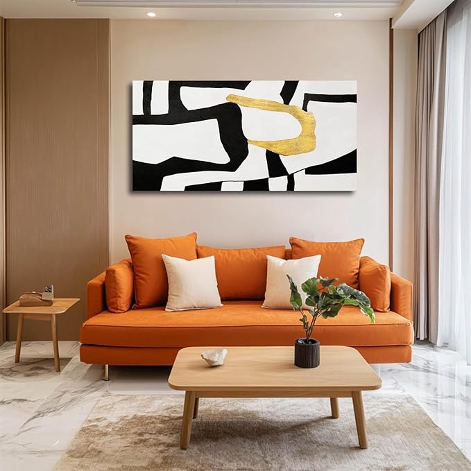 NBAODAN Black and White Wall Art Abstract Wall Decor Geometric Canvas Poster Large Wall Painting 24"x48" Gold Pictures for Office Dining Room Bedroom