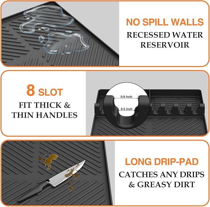 Silicone Griddle Tools Mat for Blackstone, Griddle Accessories Side Shelf Mat Grill Pad for Outdoor Grill Kitchen Counter Spatula Silicone Mat with Drip Pad (Black)
