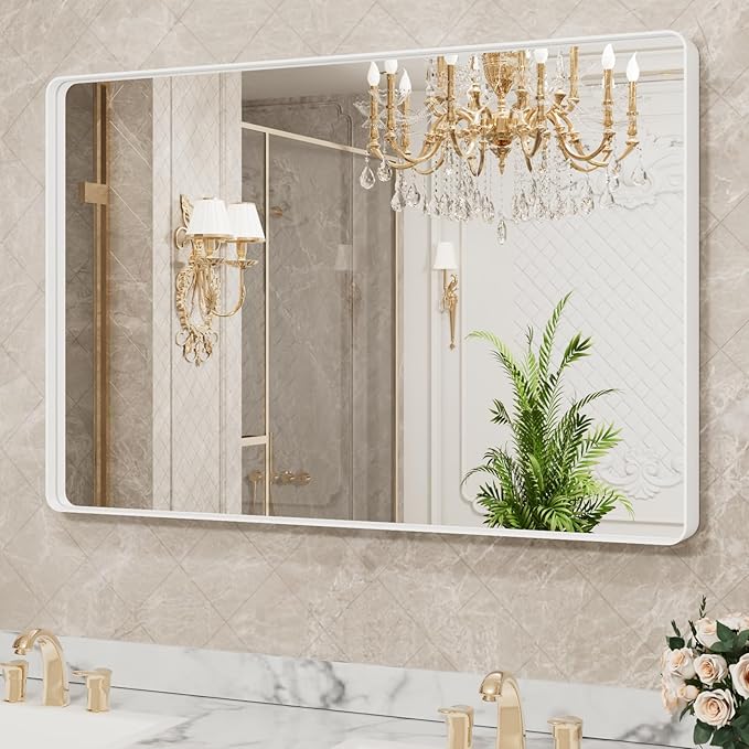 LOAAO 48x32 Inch White Metal Framed Bathroom Mirror