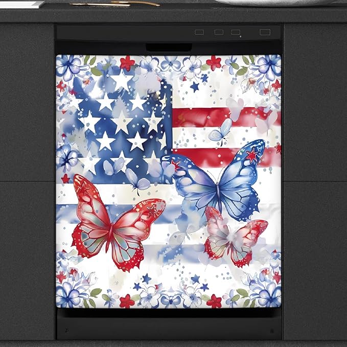 Dishwasher Magnet Cover Red Blue American Flag Butterfly Reusable Dishwasher Magnetic Cover Sticker Decorative Dish Washer Door Cover Panel for Home Kitcen Appliance, 21x26 in