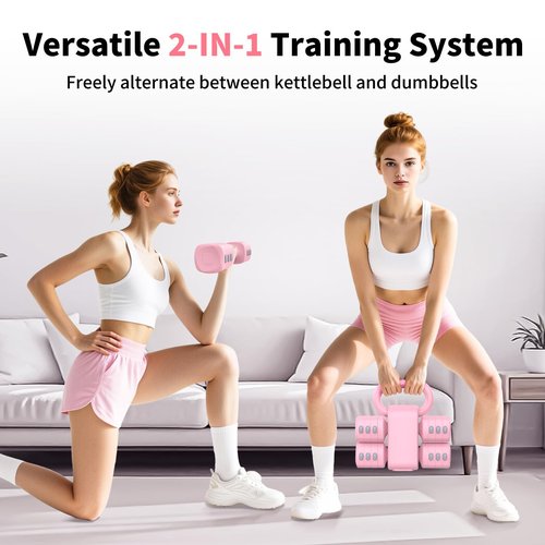 Hezeyferg 2-in-1 Adjustable Dumbbells Set, 4 Levels Weight Dumbbells Set for Women Men, Each 2.2/3.3/4.4/5.5lb Hand Weights with Kettlebell Form for Home Gym Exercise Training (Pink)