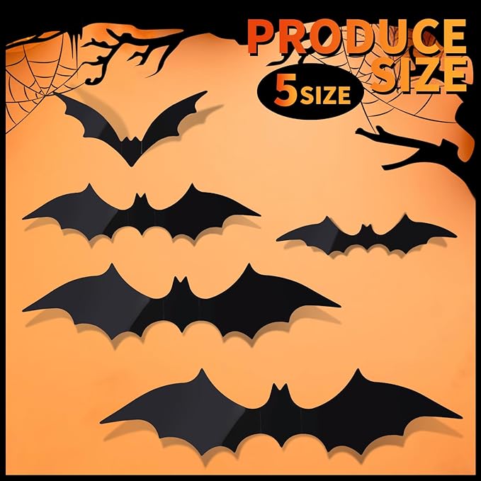 FANDAMEI 140PCS Halloween Bats Wall Decor, Bats Decoration, 5 Sizes 3 Colors Bat Decor Party, 3D Bat Wall Decor for Halloween Indoor Outdoor. Sticky Bats Home, Bat Stickers for Window(140PCS)