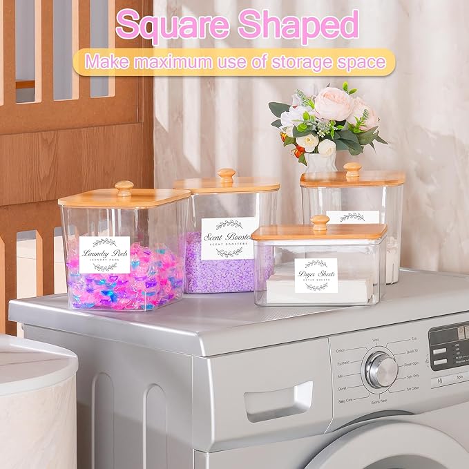 efluky 4 Pack Laundry Pods Container & Dryer Sheet Holder Set,Clear Laundry Room Organization Containers with Bamboo Lids and Labels,Laundry Pods Holder for Scent Booster,Powder,Pod