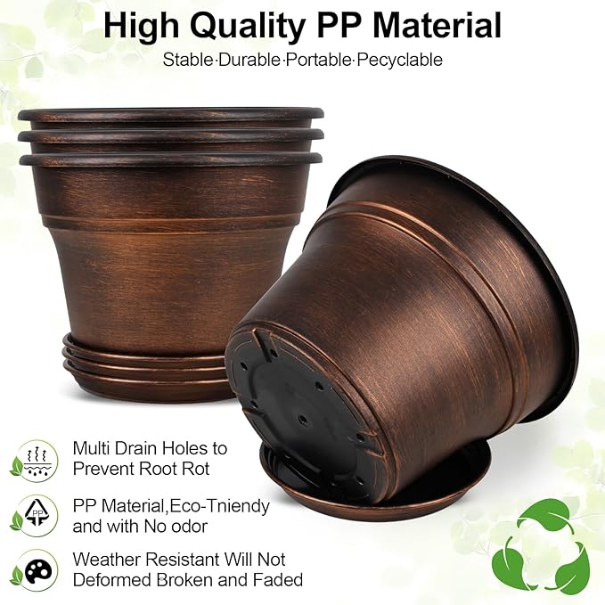 Plant Planters Pots Set of 6 Pack 6 Inch, Plastic Flower Pot for Indoor Plants with Drainage Holes & Trays, Resin Decorative Container Sets with Saucer for House Outdoor Garden Planters Dark Gold