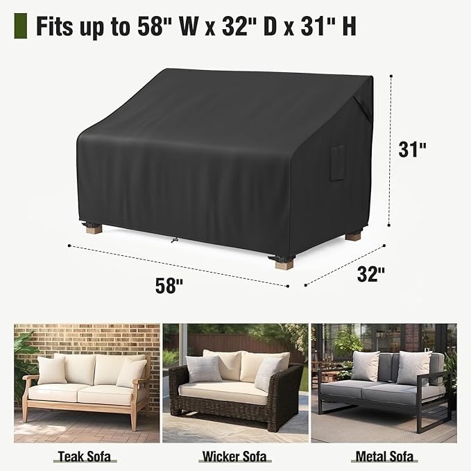 MR.COVER 2-Seater Patio Loveseat Cover, Patio Furniture Covers Waterproof, Heavy Duty Outdoor Couch Sofa Covers with Air Vent and Handles, No Fading and No Tears, Fits up to 58"W x 32"D x 31"H, Black