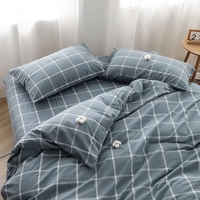 FACE TWO FACE Bedding Duvet Cover Set 3 Pieces 100% Washed Cotton Duvet Cover Linen Like Textured Breathable Durable Soft Comfy (King, Grey Green Grid)