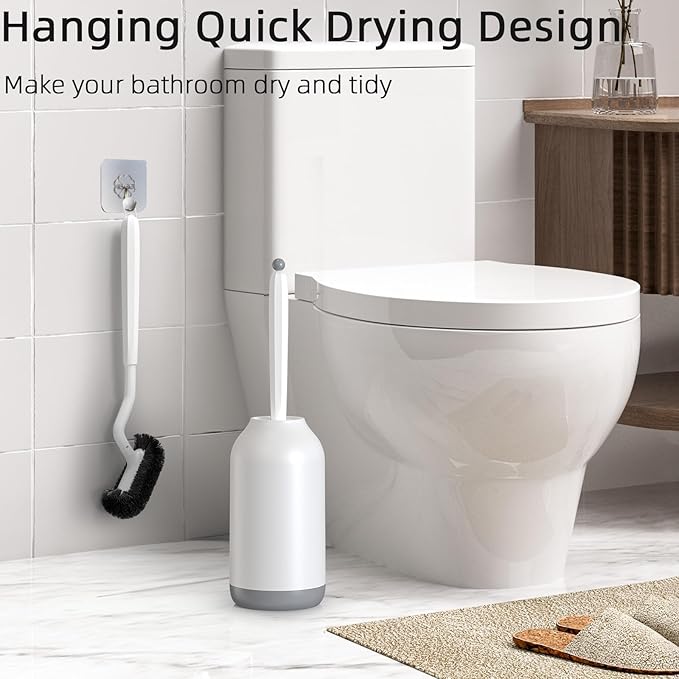 HAMITOR Toilet Bowl Brush Holder Set: Deep Cleaning Brushes with Curved Design - Ergonomic Long Handle for 360?? Dead Corner Clean with Replacement Brush - Bathroom Accessories for RV Apartment