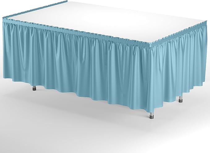 Exquisite Ruffle Table Skirt Light Blue 48 Pack 14 Ft Long Table Skirts for Rectangle Tables 6ft Plus or Round Tables Skirts with Adhesive Strip for Gender Reveal Decor & Happy Birthday Parties