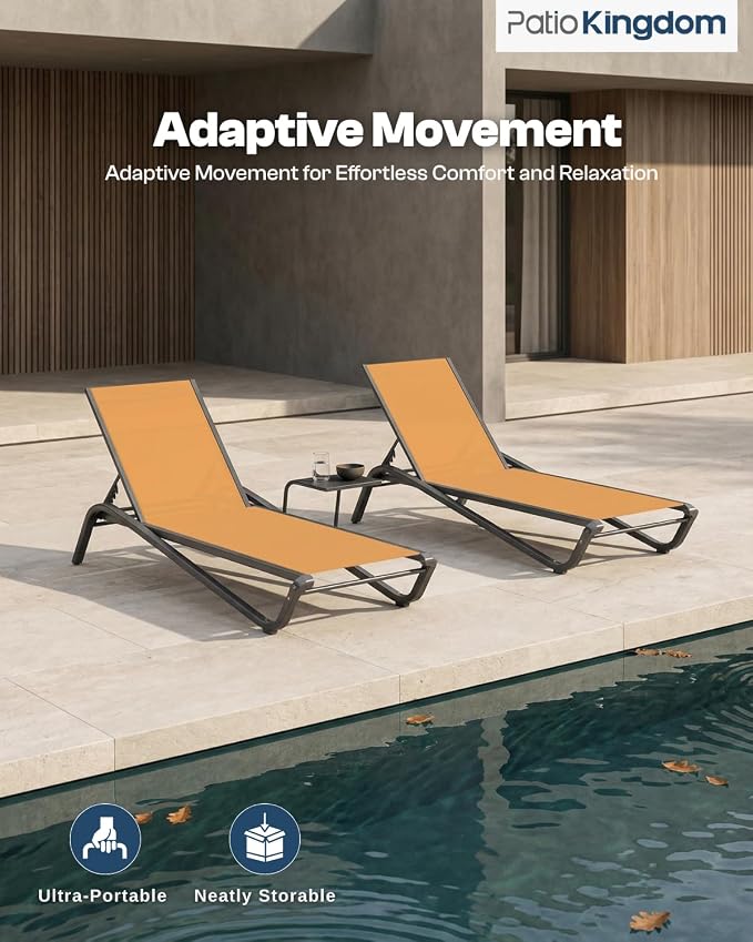 3-Piece Patio Chaise Lounge Set with Side Table, Set of 2 Adjustable Pool Chairs and Aluminum Bistro Table, All-Weather Outdoor Furniture for Pool Deck, Patio & Tanning, Solar Orange