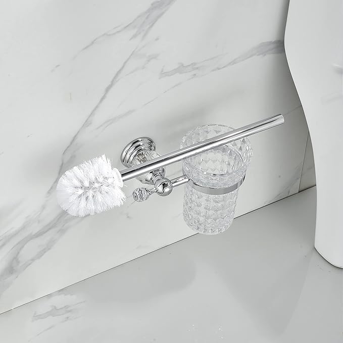 WOLIBEER Crystal Toilet Brush Holder, Chrome Toilet Cup Set with Polished Silver Brush Handle Wall Mounted for Bathroom - Decorative Design,Space Saving.
