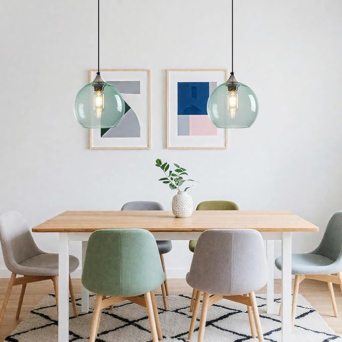 Light Green Glass Pendant Lights Kitchen Island Lighting Globe Pendant Light Fixtures Modern Pendant Lighting for Bedroom Living Dining Room Light Fixture (7.87 in, 2 Pack)