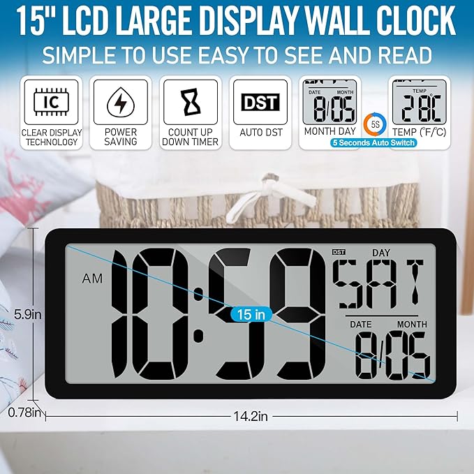 TXL 14.2"" Large Digital Wall Clock Battery Operated, Digital Clock Large
