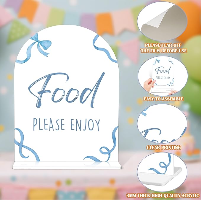 Food Please Enjoy Sign - Blue Bow Baby Shower Sign, 1 Pack Arch Acrylic Sign with Stand, Gender Reveal Party Table Decor, Blue Baby Shower Supplies (SP11)