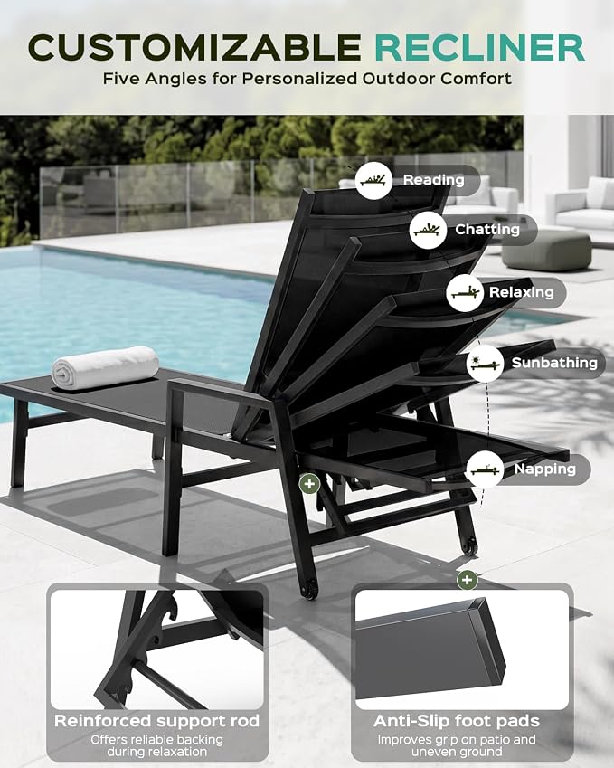 Patio Chaise Lounge Chair Outdoor with Wheels&Armrests, Aluminum Pool Lounge Chairs Five-Position Adjustable Recliner with Side Table, Outdoor Beach Lounge Chairs for Outside, Deck, Yard, Black