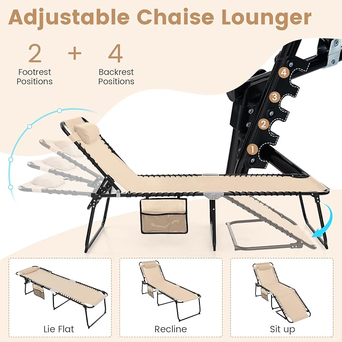 Tangkula Beach Lounge Chair for Outside, Folding Chaise Lounge Outdoor with 4-Position Backrest, Removable Headrest and Side Pocket, Portable Sunbathing Tanning Chair for Patio, Poolside (2, Beige)