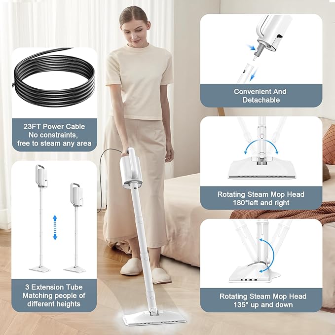6-in-1 Steam Mop, 1200W Rotated Steam Cleaner for Home, 2 Modes, 400ML Removable Tank, 23FT Cord, 2 Washable Pads, Multi-Surface Steamer for Hard Floor, Laminate Floor, Tiles Cleaning (Pearl White)