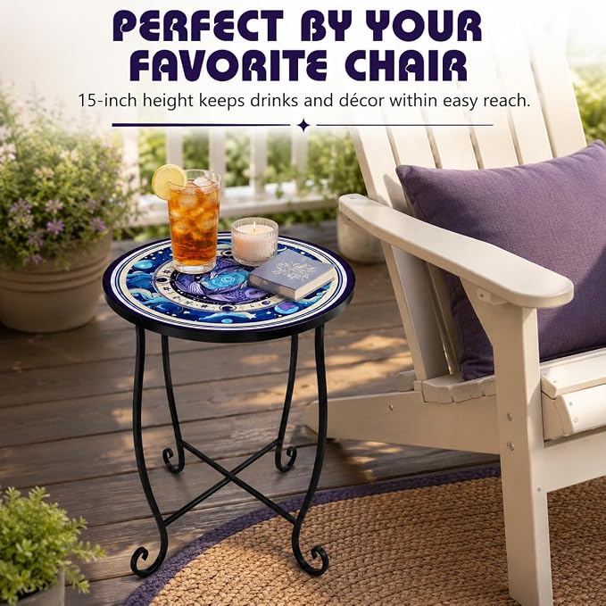 15 Inch Tall Outdoor Side Table, Metal Patio End Table with Twin Koi Fish Pattern, Rust Proof Black Small Garden Stool for Deck, Coastal Decor & Mermaid Table Gift
