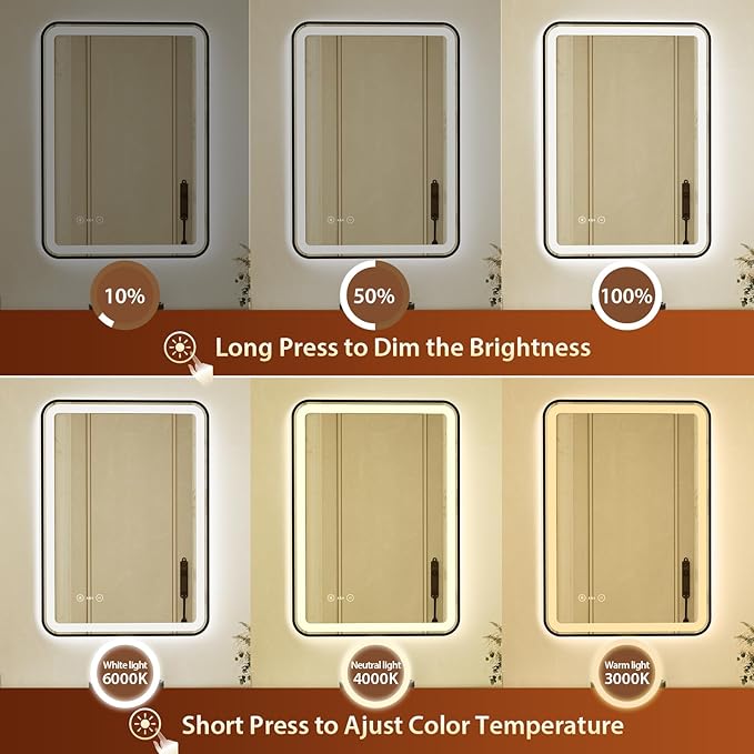 20x28 Inch Black Framed LED Bathroom Mirror