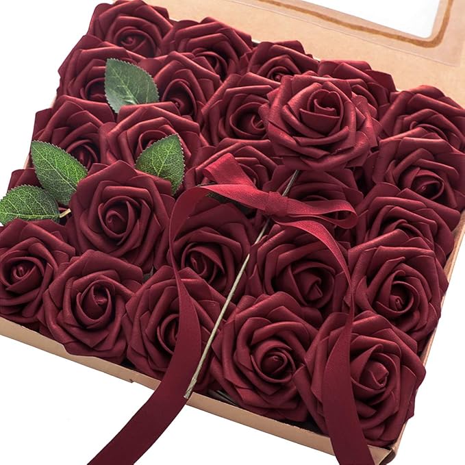 Floroom Artificial Flowers 50pcs Real Looking Burgundy Foam Fake Roses with Stems for DIY Wedding Bouquets Red Bridal Shower Centerpieces Floral Arrangements Party Tables Home Decorations