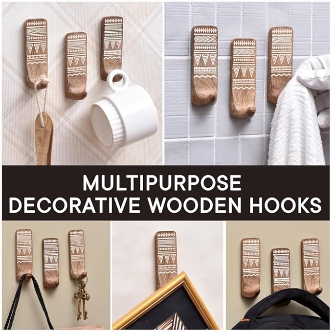 IndianShelf 10 LB- 6 Pieces Decorative Wood Adhesive Wall Hooks–Boho Peel and