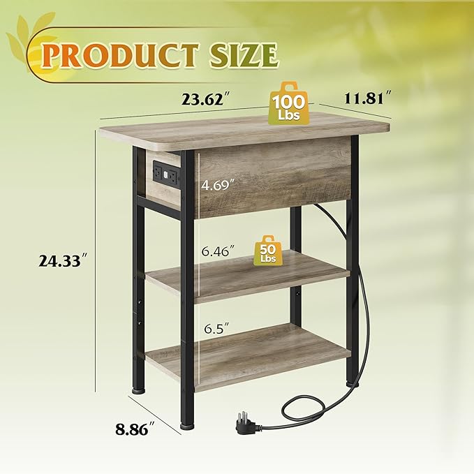 WLIVE End Table with Charging Station, Flip Top Narrow Side Table with Storage Shelf, Small Nightstand with USB Ports and Outlets,Bedside Table for Living Room, Bedroom,11.81" D x 23.62" W x 24.33" H