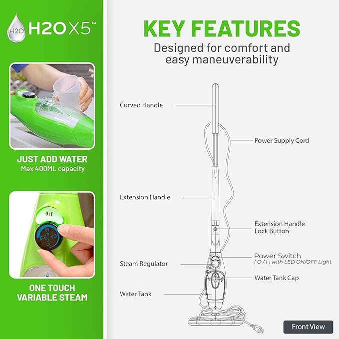 H2O X5 Steam Mop & Handheld Steam Cleaner | 5-in-1 Floor Steamer | Hardwood, Tile & Laminate Cleaner | Carpet Glider Included | Grout, Window & Garment Attachments