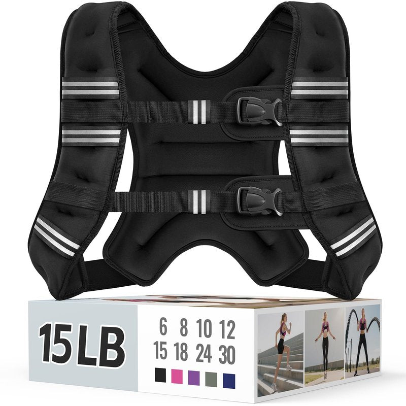 Zeerun Weighted Vest, 6lb/8lb/10lb/12lb/15lb/18lb/20lb/24lb/30lb for Men Women, Reflective Stripe Adjustable Buckle, Comfortable Durable Rucking Vest for Walking Running Strength Training, 15LBS-Black