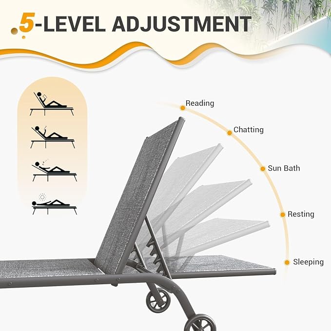 UDPATIO Aluminum Lounge Chair Set of 3 Poolside Chaise Lounger Outdoor Lounge Chairs 5 Adjustable Position Backrest Pool Lounger with Wheels Side Table for Patio Pool,Grey