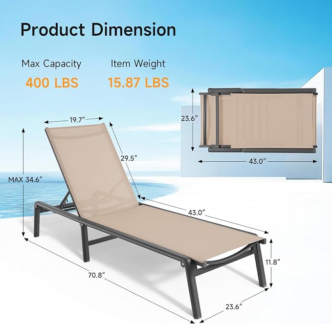 ONBRILL Aluminum Chaise Lounge Chair Outdoor, Foldable & Assembly Free Outdoor Lounge Chair with 5 Position Adjustable Backrest, Patio Pool Lounge Chairs for Outside Poolside Beach Lawn, 1PC, Khaki