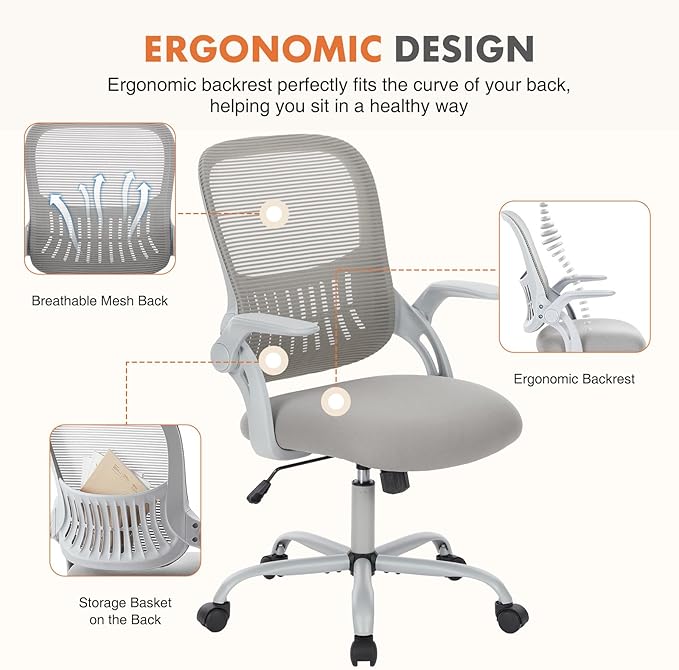 Sweetcrispy Home Office Managerial Executive Chair, Ergonomic Mesh Adjustable Swivel Mid-Back Chair with, Flip-up Arms, Comfortable Lumbar Support, Comfy Arms for Bedroom,Study,Student, Grey