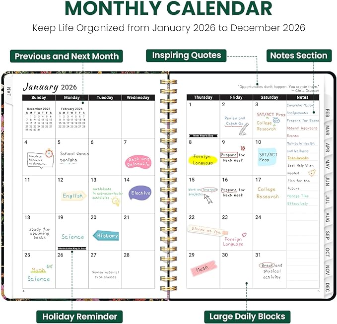 2026 Planner, Weekly and Monthly Planner for Women, Jan 2026 - Dec 2026 Pretty 2026 Calendar Planner with Monthly Tabs, Inner Pocket, Spiral Binding, Perfect for Office Home School - 6.3" x 8.5", Abundant Floral