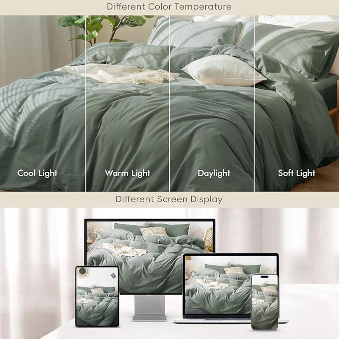 MooMee Bedding Duvet Cover Set 100% Washed Cotton Linen Like Textured Breathable Durable Soft Comfy (Heathered Green, King 104"x90")