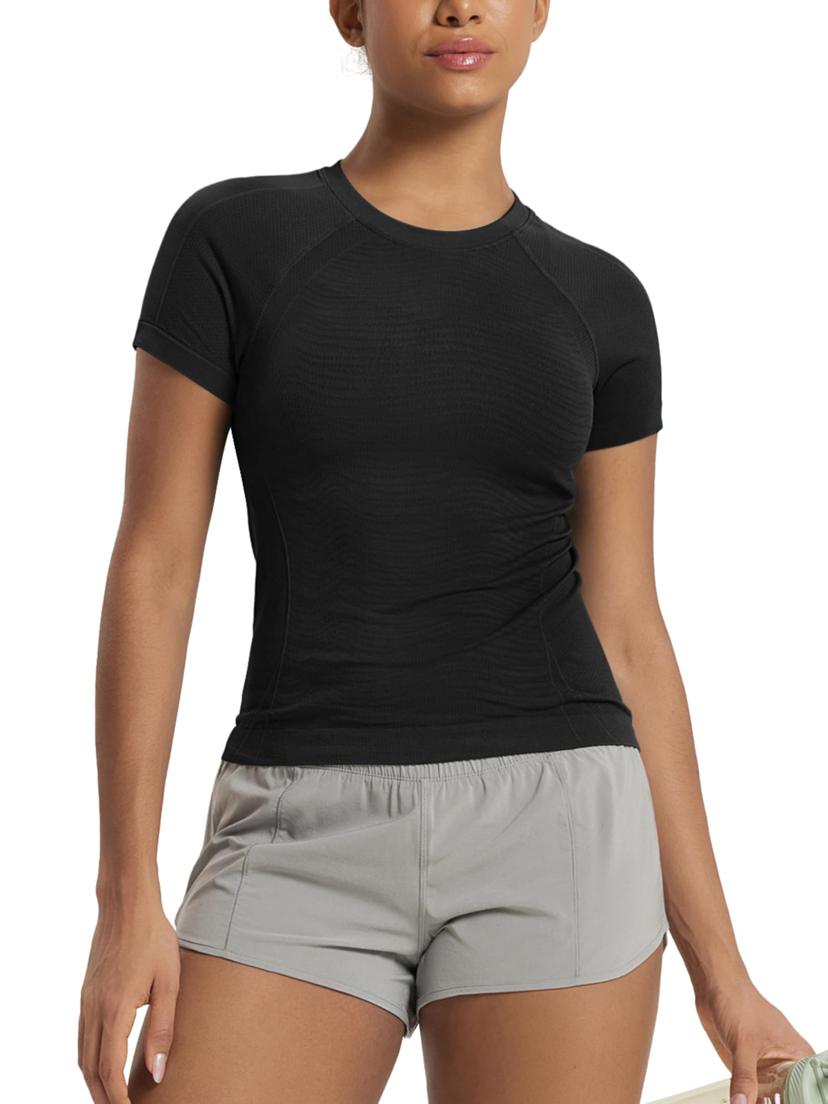 ODODOS Women's Seamless Performance Short Sleeve T-Shirt - Lightweight Breathable Slim Fit Running Workout Top -Waist Length, Black, Small