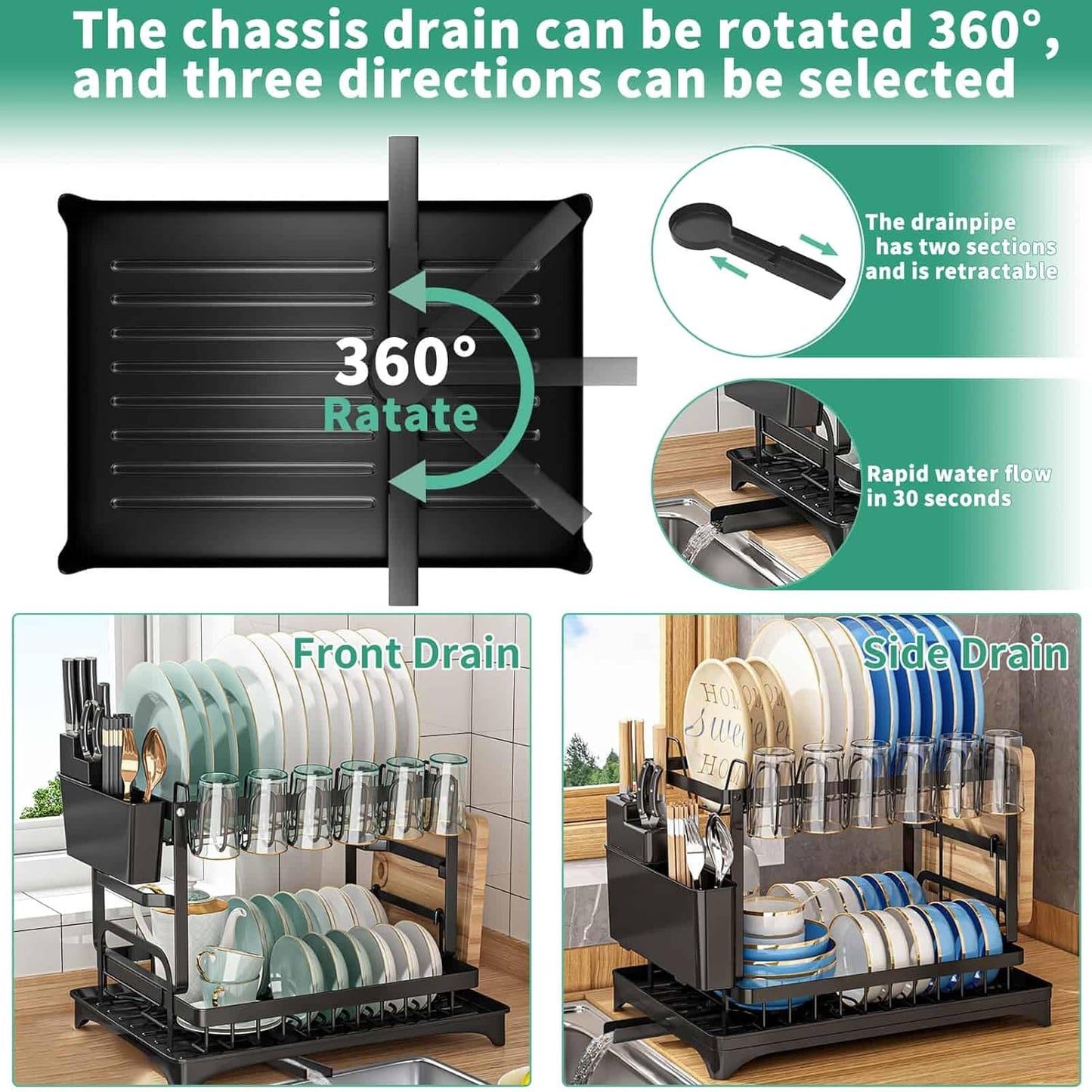 Dish Drying Rack, 2 Tier Large Dish Drying Rack for Kitchen Counter with Drainboard Stainless Steel Dish Drainer for Dish/Knifes/Cup/Cutting Board, Black