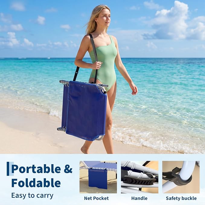 5-Position Adjustable Folding Beach Chaise Lounge Chair with Face Hole & Detachable Side Table, Portable Reclining Sun Tanning Lounger, Pool Chair with Storage Pocket & Shoulder Carry Strap, Max 330L