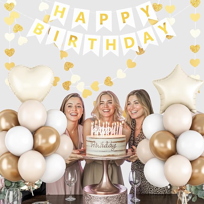 White and Gold Birthday Party Decorations for Women Girls Metallic Gold White Sand Balloon Set with Star Heart Foil Balloons Happy Birthday Bunting Banner Garland Neutral Cream Beige Party Decor Kit
