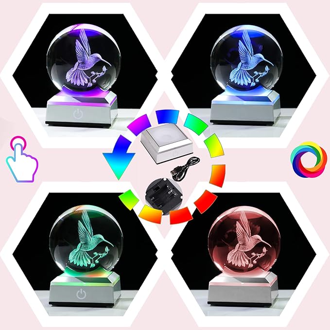 Crystal Ball 3D Engraved Hummingbird with LED Colorful Base, 3.15" Glass Sphere Ideas for Friends Home Decor Display, Hummingbird Gifts for Men Women on Birthday Christmas