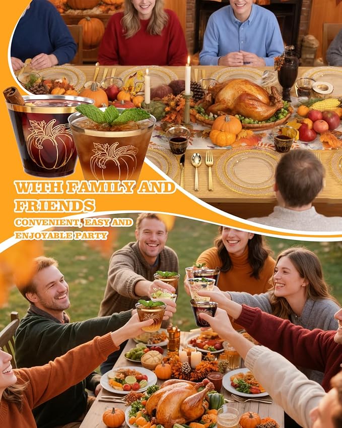 Ciaell 60 PCS Gold Plastic Cups - 9Oz Heavy Duty Plastic Cups - Thanksgiving Disposable Cup - Disposable Clear Wine Cup with Gold Pumpkin for Party & Thanksgiving