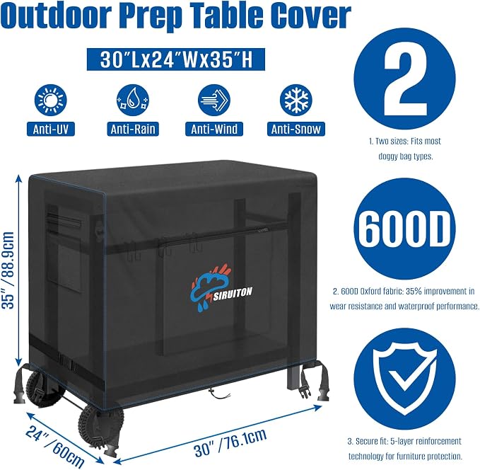 SIRUITON Outdoor Bar Cart Cover for 30 Inch Portable Outdoor Table, Heavy Duty 600D Oxford Fabric Outdoor Waterproof BBQ/Worktable Metal Movable Table Cover
