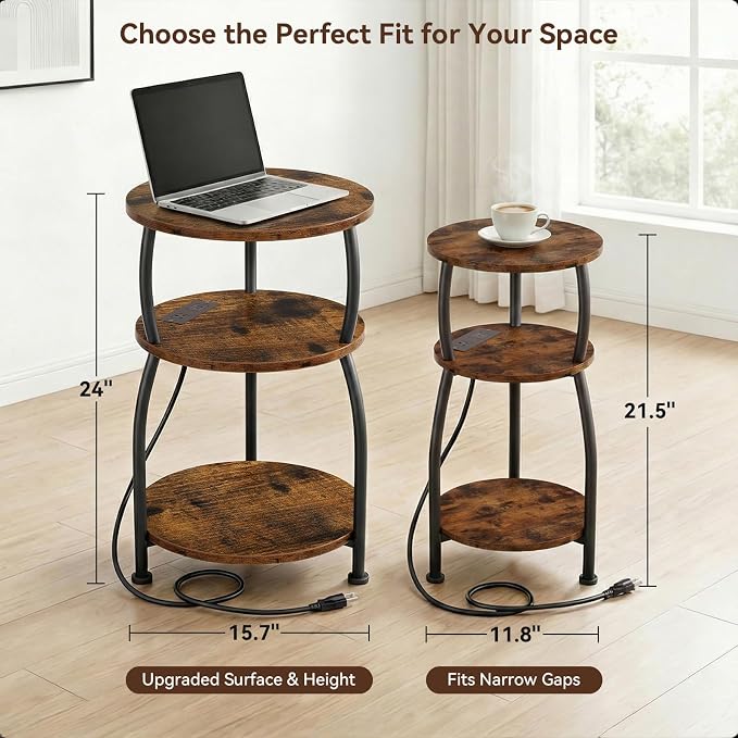 Round Side Table with Power Outlet & USB Ports, 3-Tier End Table with Storage Shelf, 15.7" Wide Nightstand for Small Spaces, Tall Bedside Table Capable of Charging Laptops & Phones, Rustic Brown