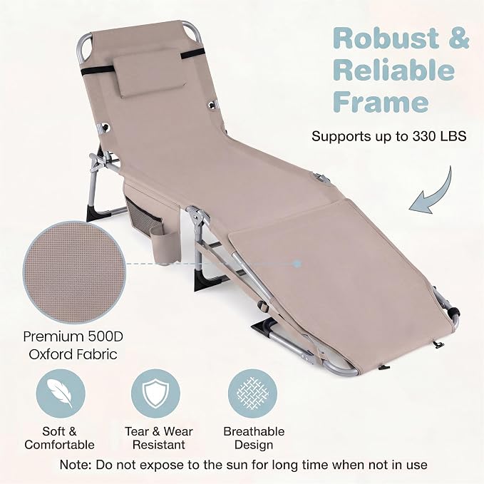 Giantex 2-Pack Tanning Chair with 5 Adjustable Position, Face & Arm Hole, Hand/Shoulder Strap, Removable Pillow, Side Pocket, 330 Lbs Capacity, Lounge Chair Outdoor for Beach Sunbathing, Beige