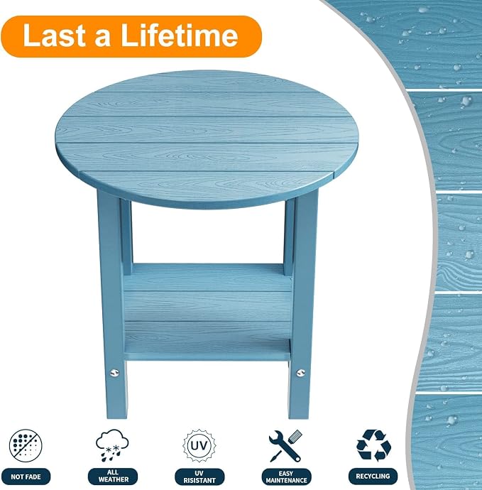 MXIMU Round Outdoor Side Table Adirondack Tables 18 Inch Chairside End Tables with Storage Shelf, 2-Tier Plastic Patio Side Table, Weather Resistant for Balcony Backyard Lawn (Blue, 2 Pack)
