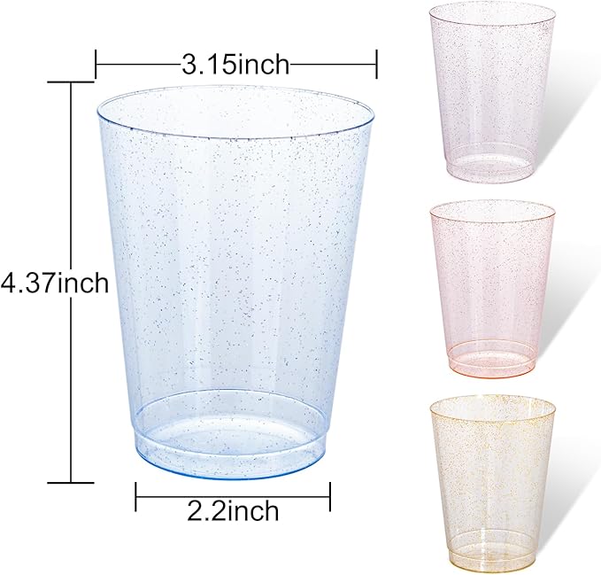 DaYammi 100 Pack 10 Oz Plastic Cups Glitter Disposable Cups in Assorted Colors,Plastic cups with 4 Colors, Disposable Wine Glasses Heavy Duty disposable Tumblers Drinking Cocktail Glasses for Party