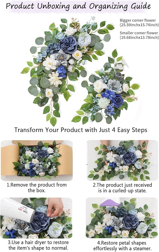 Wedding Welcome Signs Floral(Pack of 2)，Wedding Arch Flowers for Wedding Decorations and Reception Backdrop Decoration (Blue)